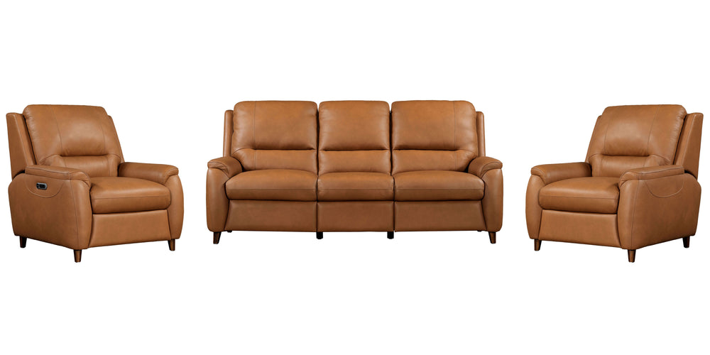 The Austin power reclining group is designed for ultimate comfort and convenience. It features independently operating power headrests and is upholstered in supple leather with a custom match. The modern high-leg design in a warm walnut finish gives it a 