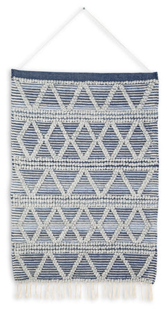 With boho-chic design in mind, this woven wall hanging adds eye-catching texture to your living space. Its diamond design, decorative fringe trim and shades of blue and gray will add interest to your wallscape, inside or out.<br/><br/><b>Product Features<