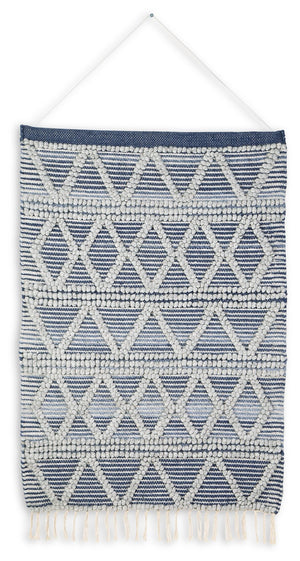 With boho-chic design in mind, this woven wall hanging adds eye-catching texture to your living space. Its diamond design, decorative fringe trim and shades of blue and gray will add interest to your wallscape, inside or out.<br/><br/><b>Product Features<