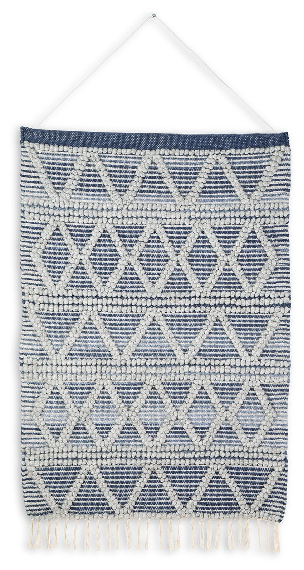 With boho-chic design in mind, this woven wall hanging adds eye-catching texture to your living space. Its diamond design, decorative fringe trim and shades of blue and gray will add interest to your wallscape, inside or out.<br/><br/><b>Product Features<
