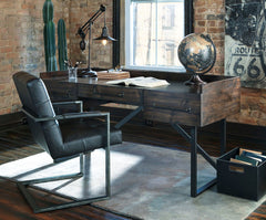 Made with Acacia veneers, rendered in an oiled Walnut coloration for a deep woody finish. Designed with a clean lined modern appearance. Metal frames have a bronze color finish. H633-34/34R have braced metal legs in a bronze color finish. L-desk configura