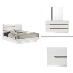 The Paradox 4 Piece Platform Bedroom Set in White is the epitome of modern elegance and functional design. This set includes a platform bed along with a dresser, mirror, and nightstand. The gleaming white gloss laminate finish offers a sleek, contemporary