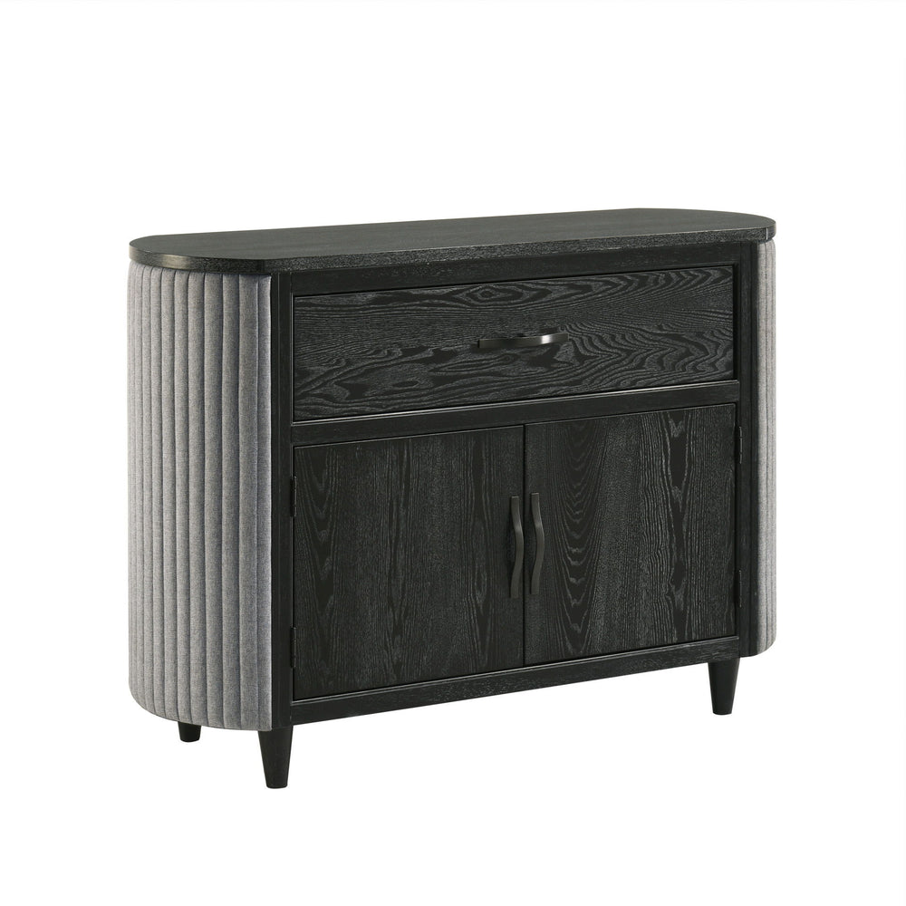 The Skyline Server in Onyx blends modern design with functionality, making it a versatile addition. Crafted from solid Rubberwood, engineered woods, and Ash veneers, it offers durability and style. The Onyx Black finish with gray glazing enhances the wood