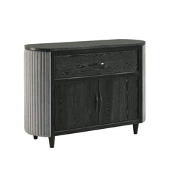 The Skyline Server in Onyx blends modern design with functionality, making it a versatile addition. Crafted from solid Rubberwood, engineered woods, and Ash veneers, it offers durability and style. The Onyx Black finish with gray glazing enhances the wood