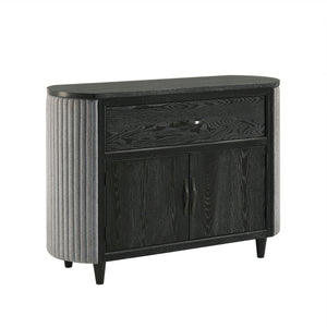 The Skyline Server in Onyx blends modern design with functionality, making it a versatile addition. Crafted from solid Rubberwood, engineered woods, and Ash veneers, it offers durability and style. The Onyx Black finish with gray glazing enhances the wood