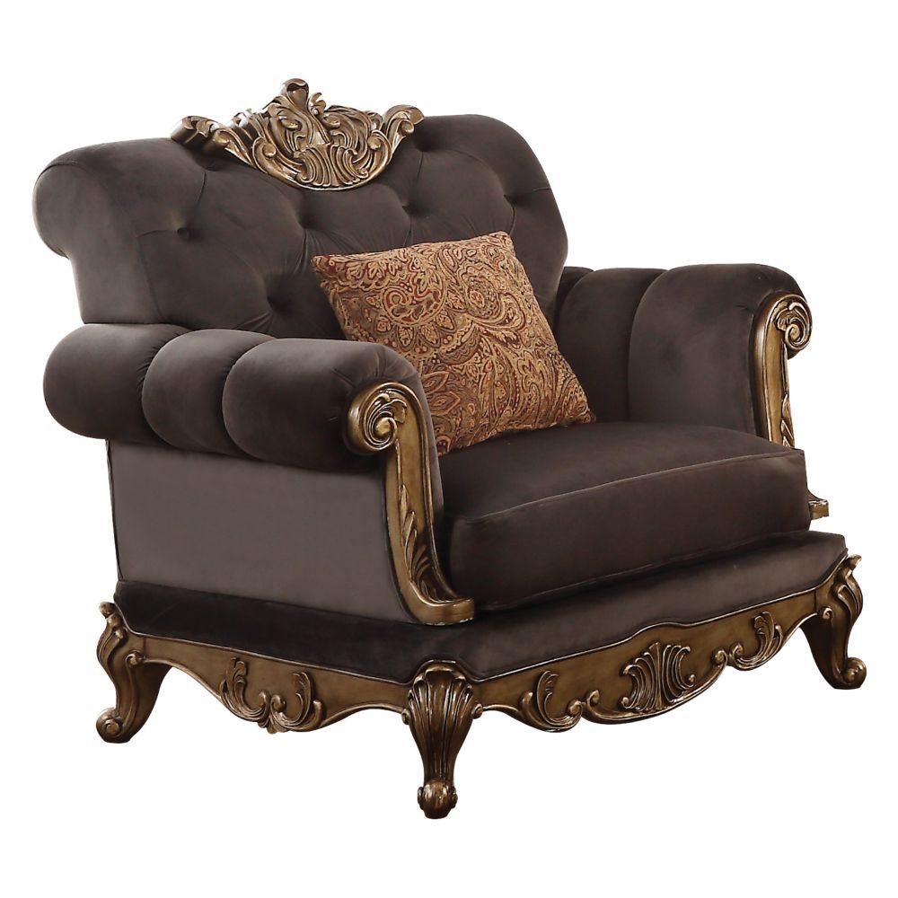KD Back, w/1 Pillows â€¢ Poly-Resin Scrolled Molding Trim with Raised Accents (Crown, Apron Base, Front Arms) â€¢ Backrest Style: Rolled, Button Tufted â€¢ Tight Back & Loose Seat Cushion (1+1) â€¢ Seat Construction: Full Foam Filling, Sinuous Spring, Ins