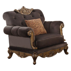 KD Back, w/1 Pillows â€¢ Poly-Resin Scrolled Molding Trim with Raised Accents (Crown, Apron Base, Front Arms) â€¢ Backrest Style: Rolled, Button Tufted â€¢ Tight Back & Loose Seat Cushion (1+1) â€¢ Seat Construction: Full Foam Filling, Sinuous Spring, Ins