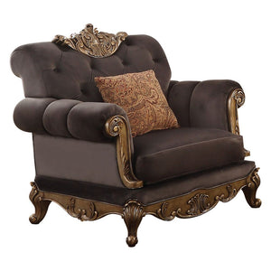 KD Back, w/1 Pillows â€¢ Poly-Resin Scrolled Molding Trim with Raised Accents (Crown, Apron Base, Front Arms) â€¢ Backrest Style: Rolled, Button Tufted â€¢ Tight Back & Loose Seat Cushion (1+1) â€¢ Seat Construction: Full Foam Filling, Sinuous Spring, Ins