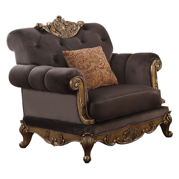 KD Back, w/1 Pillows â€¢ Poly-Resin Scrolled Molding Trim with Raised Accents (Crown, Apron Base, Front Arms) â€¢ Backrest Style: Rolled, Button Tufted â€¢ Tight Back & Loose Seat Cushion (1+1) â€¢ Seat Construction: Full Foam Filling, Sinuous Spring, Ins
