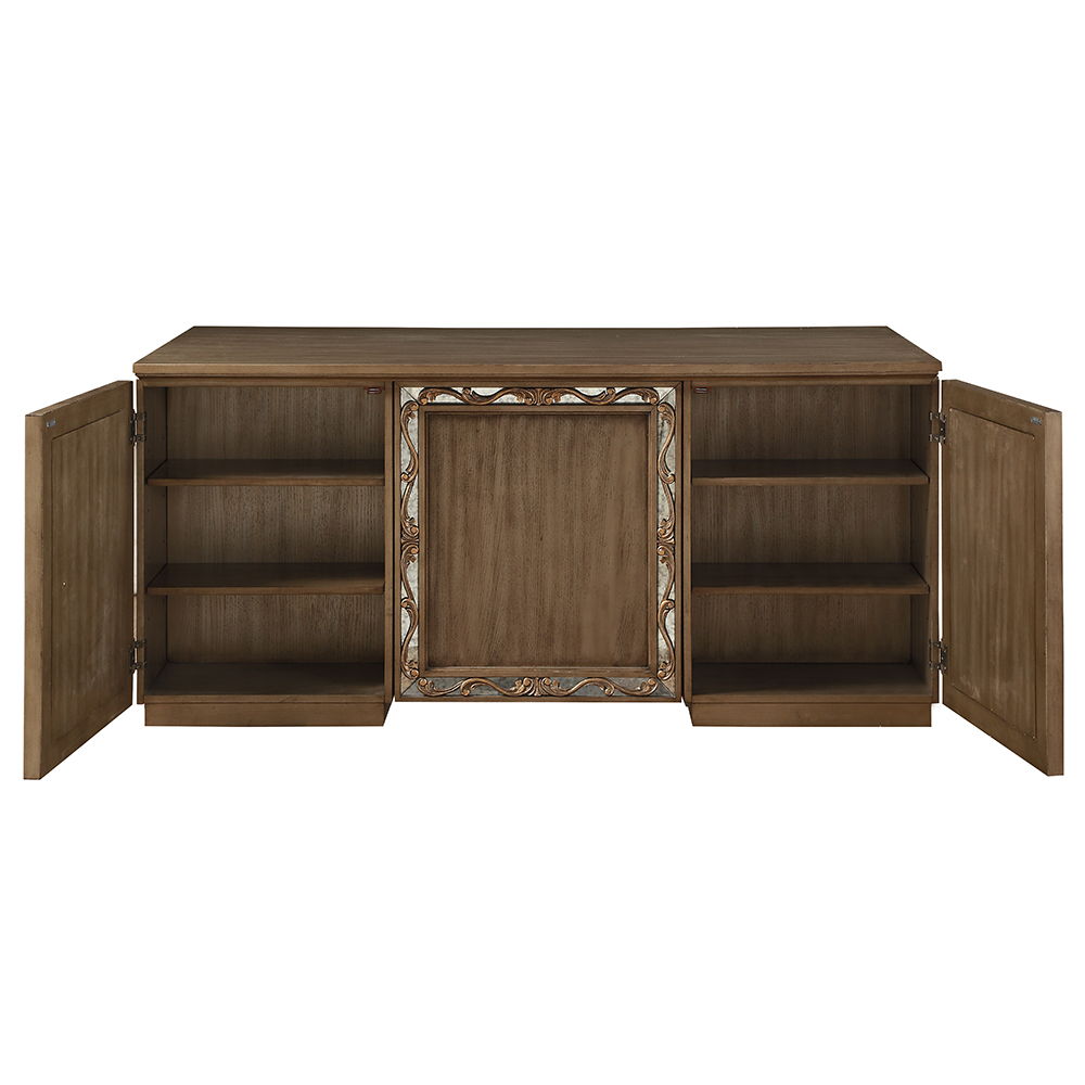 Inspired by mid-century royal style in Europe, our Orianne executive desk features vintage mirror fronts with raised scrolled floral inlays, making this piece beyond normal. The drawer is constructed with side metal glide and French front English back dov