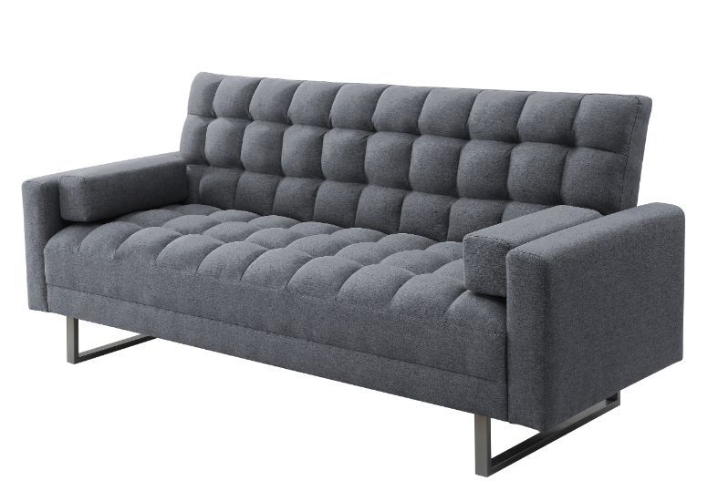 The fully upholstered sofa embodies a contemporary style infused with rich textures. It features tight seat and back cushions, with full foam seat construction for comfortable support. The adjustable frame can be laid flat to turn the sofa into a sleeping