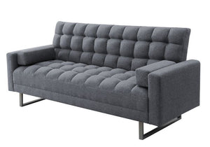 The fully upholstered sofa embodies a contemporary style infused with rich textures. It features tight seat and back cushions, with full foam seat construction for comfortable support. The adjustable frame can be laid flat to turn the sofa into a sleeping