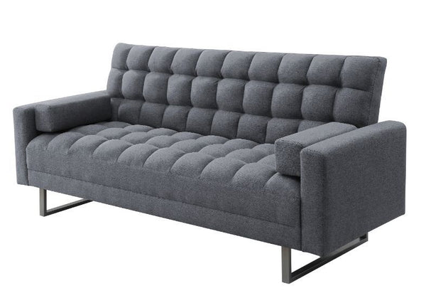 The fully upholstered sofa embodies a contemporary style infused with rich textures. It features tight seat and back cushions, with full foam seat construction for comfortable support. The adjustable frame can be laid flat to turn the sofa into a sleeping