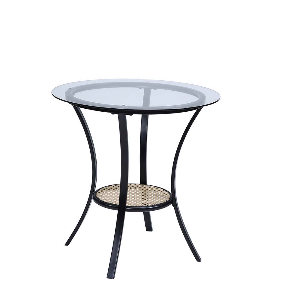 The Frydel is the perfect table set for your home. This three-piece round table set includes a glass tabletop with a rattan lower shelf and black frame, as well as two rattan chairs with a plush seat cushion. The glass and rattan, so it-'s easy to clean. 