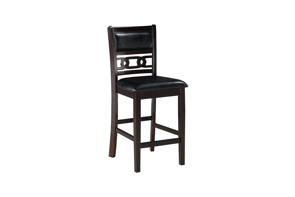 Enhance your dining room with this set of 2 New Classic Gia Counter Chairs in a dark ebony finish. Crafted from solid Rubberwood and Mindi veneers, these chairs combine durability with timeless beauty. The deep ebony finish accentuates the natural wood gr