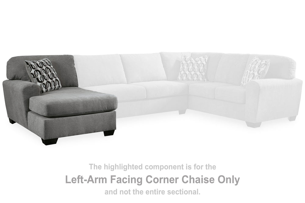 This left-arm facing corner chaise is made with polyester upholstery. Pairs with other items in the series to make a sectional.<br><br><b>Additional Dimensions</b><br><ul><li>Arm height: 26-"</li><li>Seat depth: 44-"</li><li>Seat height: 20-"</li><li>Top 