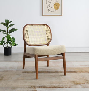  airy presence to any living area. Lounge chair features a rattan open cane webbing back that breathes natural style and a fabric upholstered cushioned seat for soft