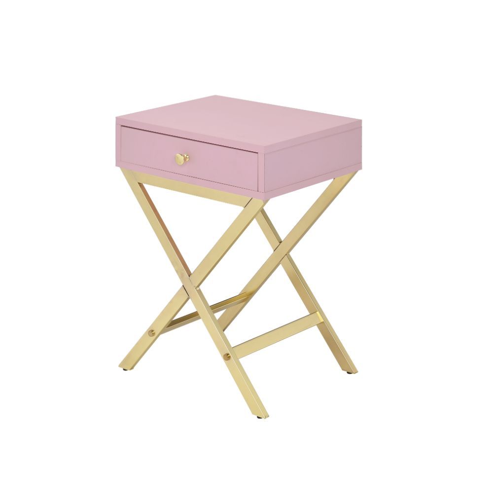 KD, Rectangular Side Table Storage: 1 Drawer () Features: Wooden Top w/Drawer, Metal -"X-" Shape Base (Open Base) CONSTRUCTION Wooden Top & Drawer: Pink finish, Veneer & PB Metal -"X-" Shape Base: Gold finish, Metal Tube Drawer: Wood Drawer Glide, Full Ex