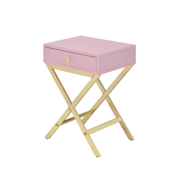KD, Rectangular Side Table Storage: 1 Drawer () Features: Wooden Top w/Drawer, Metal -"X-" Shape Base (Open Base) CONSTRUCTION Wooden Top & Drawer: Pink finish, Veneer & PB Metal -"X-" Shape Base: Gold finish, Metal Tube Drawer: Wood Drawer Glide, Full Ex