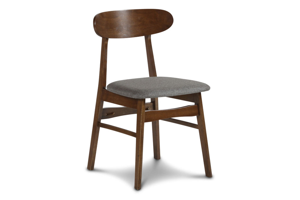 The New Classic Morocco Dining Chairs are a picture of Mid-Century Modern design with tapered legs, curved oval seatbacks, and classic walnut brown color. Easy care, dark gray 100% polyester foam cushions provide comfortable seating. A perfect accent chai