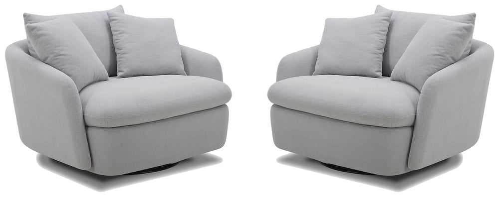 Dreamy comfort awaits with the Boomer oversized swivel chair. Comfy and cozy, its generous proportions are ideal for snuggling and nestling deep for relaxation. Its rounded silhouette has low arms and is complemented by a back pillow and two comfort pillo