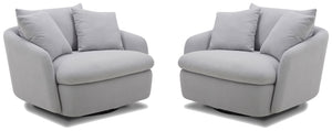Dreamy comfort awaits with the Boomer oversized swivel chair. Comfy and cozy, its generous proportions are ideal for snuggling and nestling deep for relaxation. Its rounded silhouette has low arms and is complemented by a back pillow and two comfort pillo