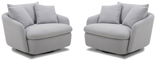 Dreamy comfort awaits with the Boomer oversized swivel chair. Comfy and cozy, its generous proportions are ideal for snuggling and nestling deep for relaxation. Its rounded silhouette has low arms and is complemented by a back pillow and two comfort pillo