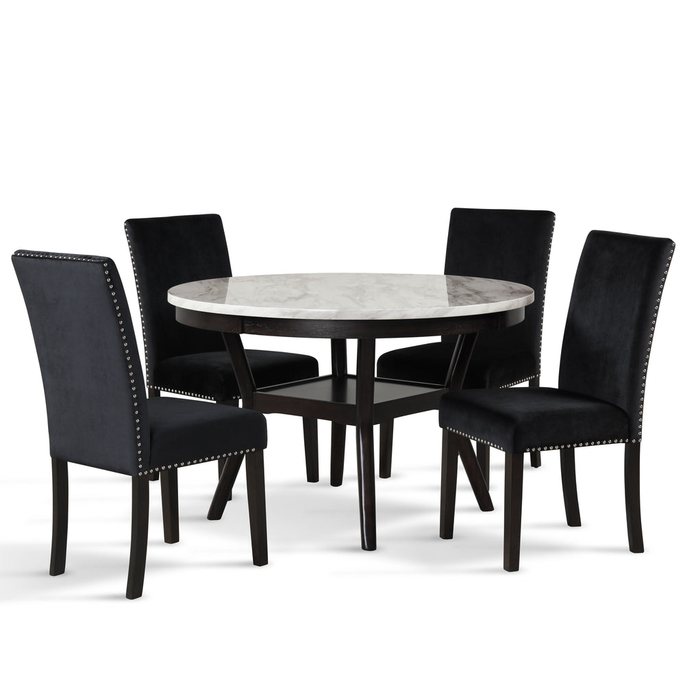 The Celeste 5-Piece Dining Set is an exquisite combination of modern sophistication and enduring craftsmanship. This set includes a chic round table with an espresso base and a faux marble top, accompanied by four stunning black velvet chairs. Crafted fro