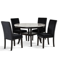 The Celeste 5-Piece Dining Set is an exquisite combination of modern sophistication and enduring craftsmanship. This set includes a chic round table with an espresso base and a faux marble top, accompanied by four stunning black velvet chairs. Crafted fro