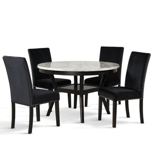 The Celeste 5-Piece Dining Set is an exquisite combination of modern sophistication and enduring craftsmanship. This set includes a chic round table with an espresso base and a faux marble top, accompanied by four stunning black velvet chairs. Crafted fro