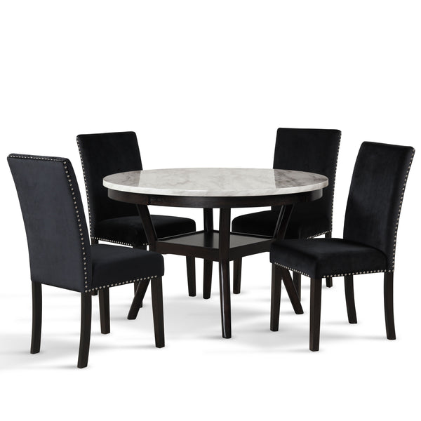 The Celeste 5-Piece Dining Set is an exquisite combination of modern sophistication and enduring craftsmanship. This set includes a chic round table with an espresso base and a faux marble top, accompanied by four stunning black velvet chairs. Crafted fro