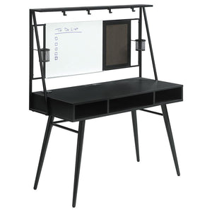 Slender mid-century-inspired metal tube legs angle outward, adding expression to the minimal, water and stain-resistant black finish of this modern writing desk. Complete with a black finished workspace and gunmetal finished accents, this writing desk len