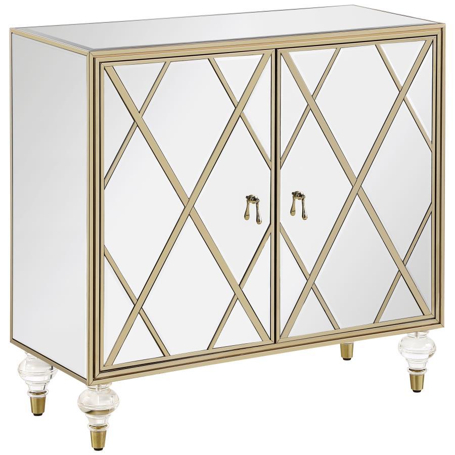 Polished materials and luxe accents combine to create this stunning, glam accent cabinet. Covered almost entirely in mirror surfaces, this accent cabinet boasts a latticed design in the dual cabinet doors, inset with a champagne diamond pattern. The shimm