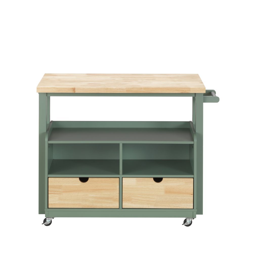 Add storage space and charm to your kitchen with this Harper wheeled kitchen island. The stylish green finish and natural wood top make this cart an adorable addition to cottage, contemporary or beach decor schemes. This modern kitchen island cart feature