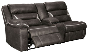 This left-arm facing power reclining sofa with console is made with polyester/polyurethane upholstery. Pairs with other items in the series to make a sectional.<br><br><b>Additional Dimensions</b><br><ul><li>Arm height: 26.5-"</li><li>Distance between rec