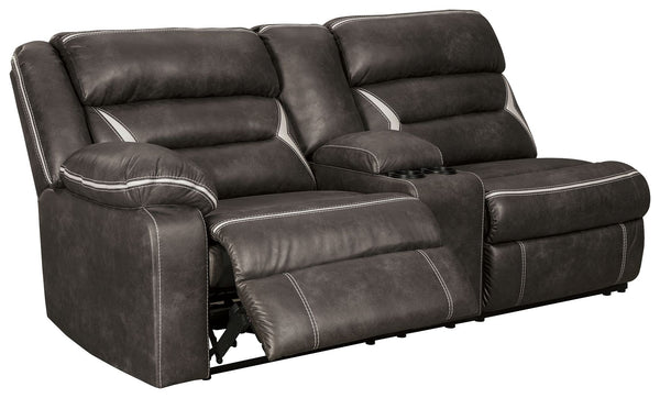 This left-arm facing power reclining sofa with console is made with polyester/polyurethane upholstery. Pairs with other items in the series to make a sectional.<br><br><b>Additional Dimensions</b><br><ul><li>Arm height: 26.5-"</li><li>Distance between rec