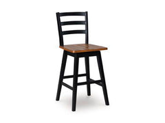 This bar height swivel bar stool dresses up your favorite farmhouse motifs with modern flair. A contoured butcher block style seat keeps you comfortable and provides a ruggedly chic contrast to the sleek black frame.<br/><br/><b>Product Features</b><ul><l