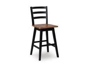 This bar height swivel bar stool dresses up your favorite farmhouse motifs with modern flair. A contoured butcher block style seat keeps you comfortable and provides a ruggedly chic contrast to the sleek black frame.<br/><br/><b>Product Features</b><ul><l