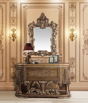 Ornate scrollwork and endless details the Constantine collection takes inspiration from the Baroque era to make up this dining set. The bronze finish creates a regal look to the set. The table sits on highly detailed wooden legs that are not only beautifu