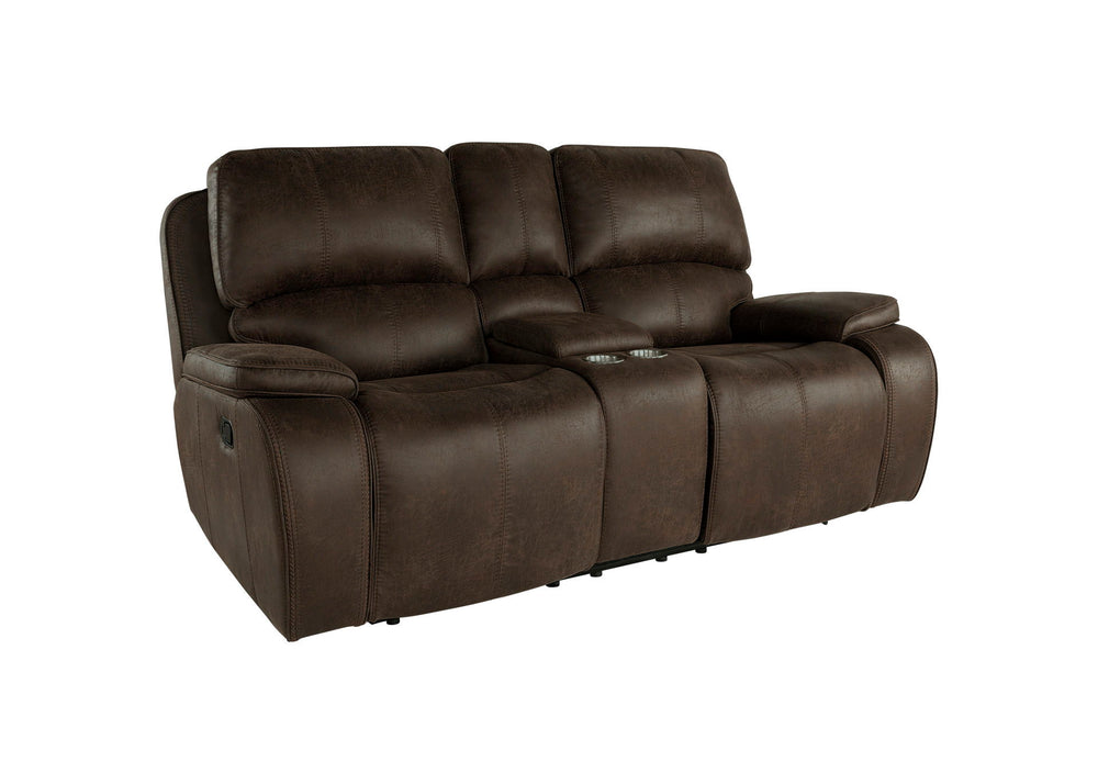 Indulge in comfort and style with the Brookings Dual Recliner Console Loveseat in rustic brown. Upholstered in a leather-look polyester/pu fabric, this loveseat offers the luxurious appearance of real leather without the premium price. Tailored to perfect
