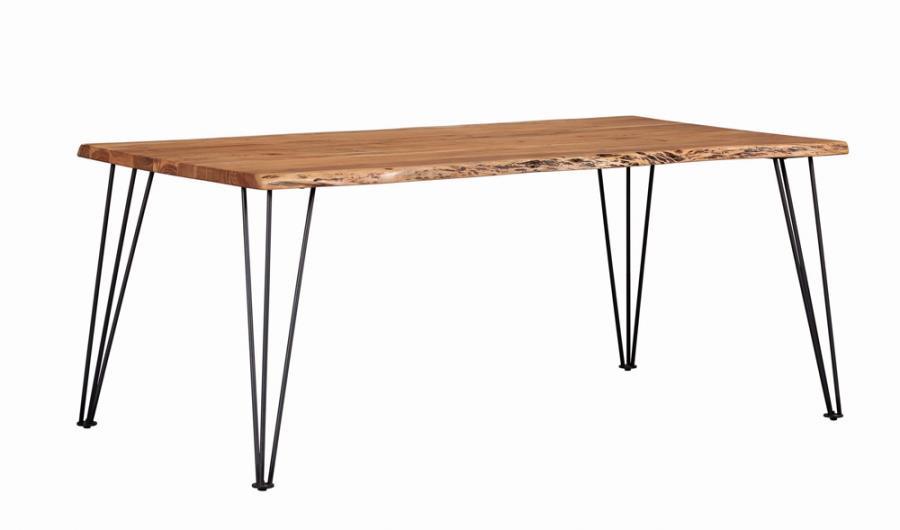 An interesting take on industrial modern design, this rectangular dining table is full of bold visuals. Constructed of wood, the table top showcases a distressed natural acacia finish that reveals the wood grain. Dark hues are exposed along the sides of t