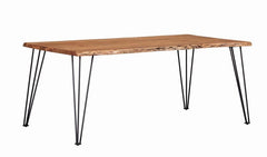 An interesting take on industrial modern design, this rectangular dining table is full of bold visuals. Constructed of wood, the table top showcases a distressed natural acacia finish that reveals the wood grain. Dark hues are exposed along the sides of t