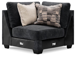 This wedge is made with polyester upholstery. Pairs with other items in the series to make a sectional.<br><br><b>Additional Dimensions</b><br><ul><li>24-" Toss Pillow: 0-"</li><li>Leg height: 3-"</li><li>Minimum width of doorway for delivery: 32-"</li><l