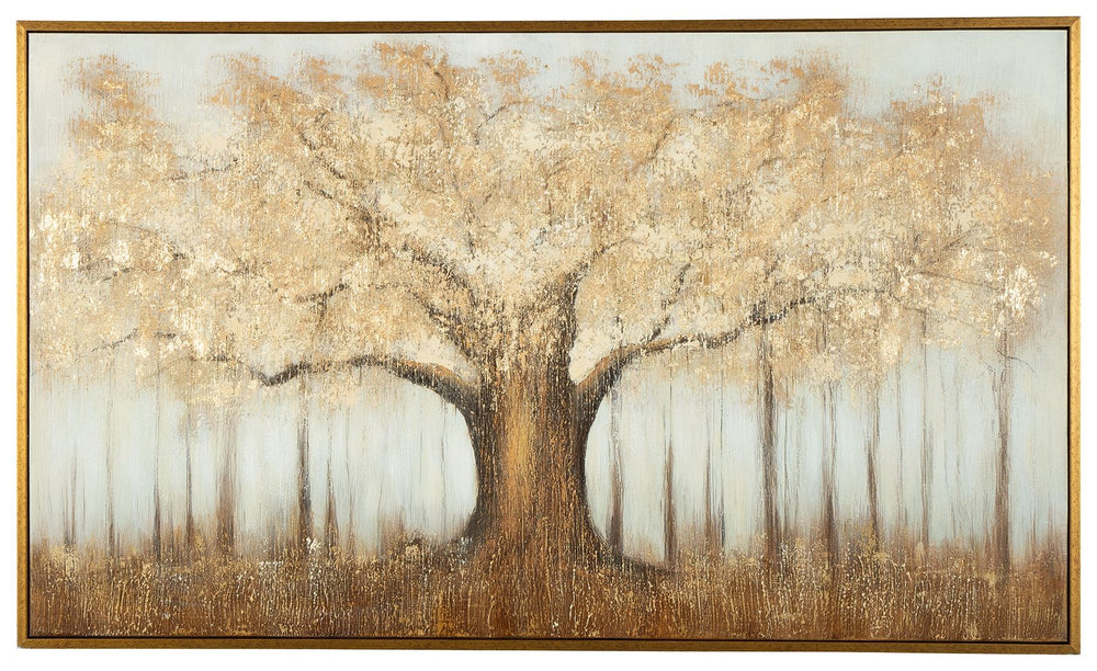 Autumnal beauty, reimagined. Transporting you to a crisp forest treescape, this wall art immerses you in warm brown, cream and gold hues. A grand tree sprawls across the canvas, recalling the timeless grace of nature.<br/><br/><b>Product Features</b><ul><