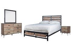 Elevate your bedroom with the Elk River 4-Piece Bedroom Set, crafted for those who appreciate a blend of modern industrial design and practical functionality. This set includes a bed, a 6-drawer dresser, a matching mirror, and a 2-drawer nightstand, all f