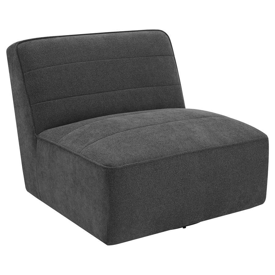 The restful low-profile design of this contemporary accent chair creates an inviting place to relax. Built with a 360-degree swivel base mechanism, this playful accent chair offers a boxy style and a flush base that sinks into a space effortlessly. Wrappe