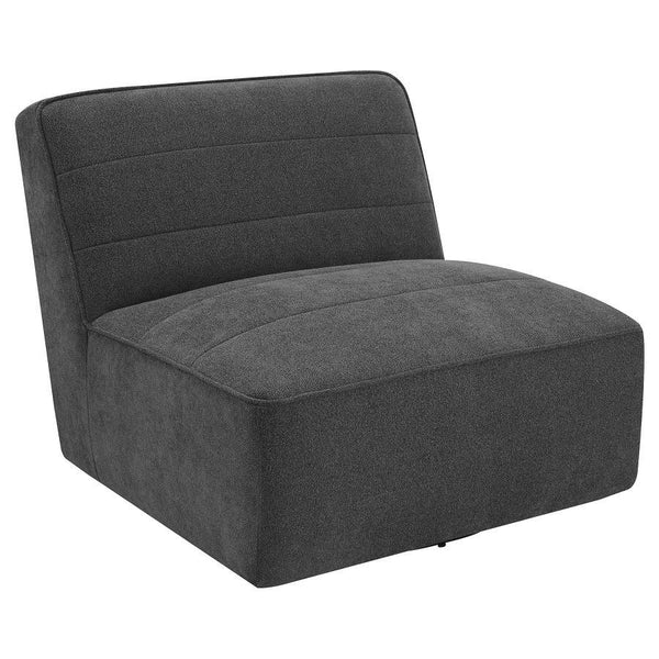 The restful low-profile design of this contemporary accent chair creates an inviting place to relax. Built with a 360-degree swivel base mechanism, this playful accent chair offers a boxy style and a flush base that sinks into a space effortlessly. Wrappe