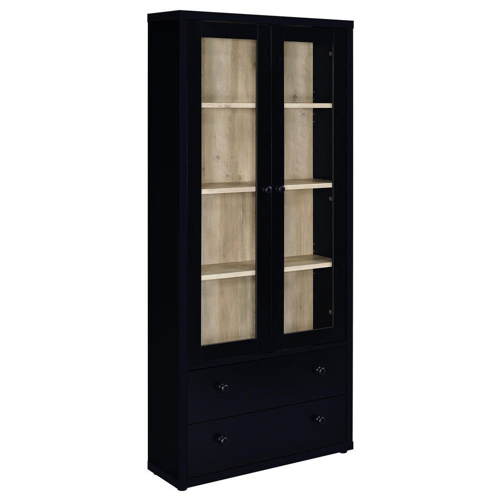 Glass doors are a key feature on a modern accent cabinet that blends into a variety of decors and living spaces. Providing four shelves for showing off everything from glassware to travel souvenirs, the cabinet features wood framed glass doors. They open 