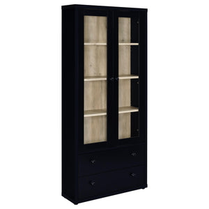 Glass doors are a key feature on a modern accent cabinet that blends into a variety of decors and living spaces. Providing four shelves for showing off everything from glassware to travel souvenirs, the cabinet features wood framed glass doors. They open 