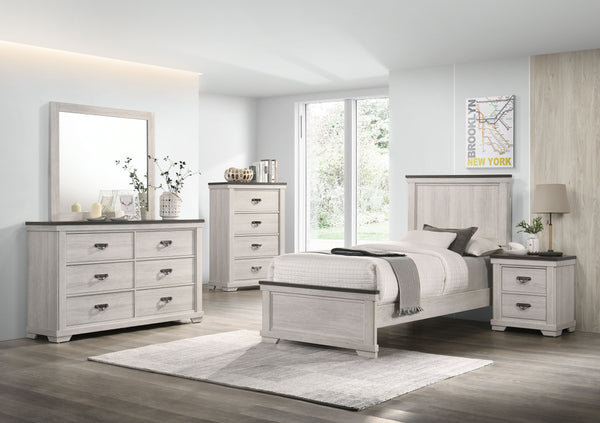 This bedroom set embodies a breezy, transitional style that harmonizes with any decor. The gracefully designed bed, with its panel headboard and soothing finish, invites a sense of calm and simplicity. Complementing the bed are the dresser and mirror, tal